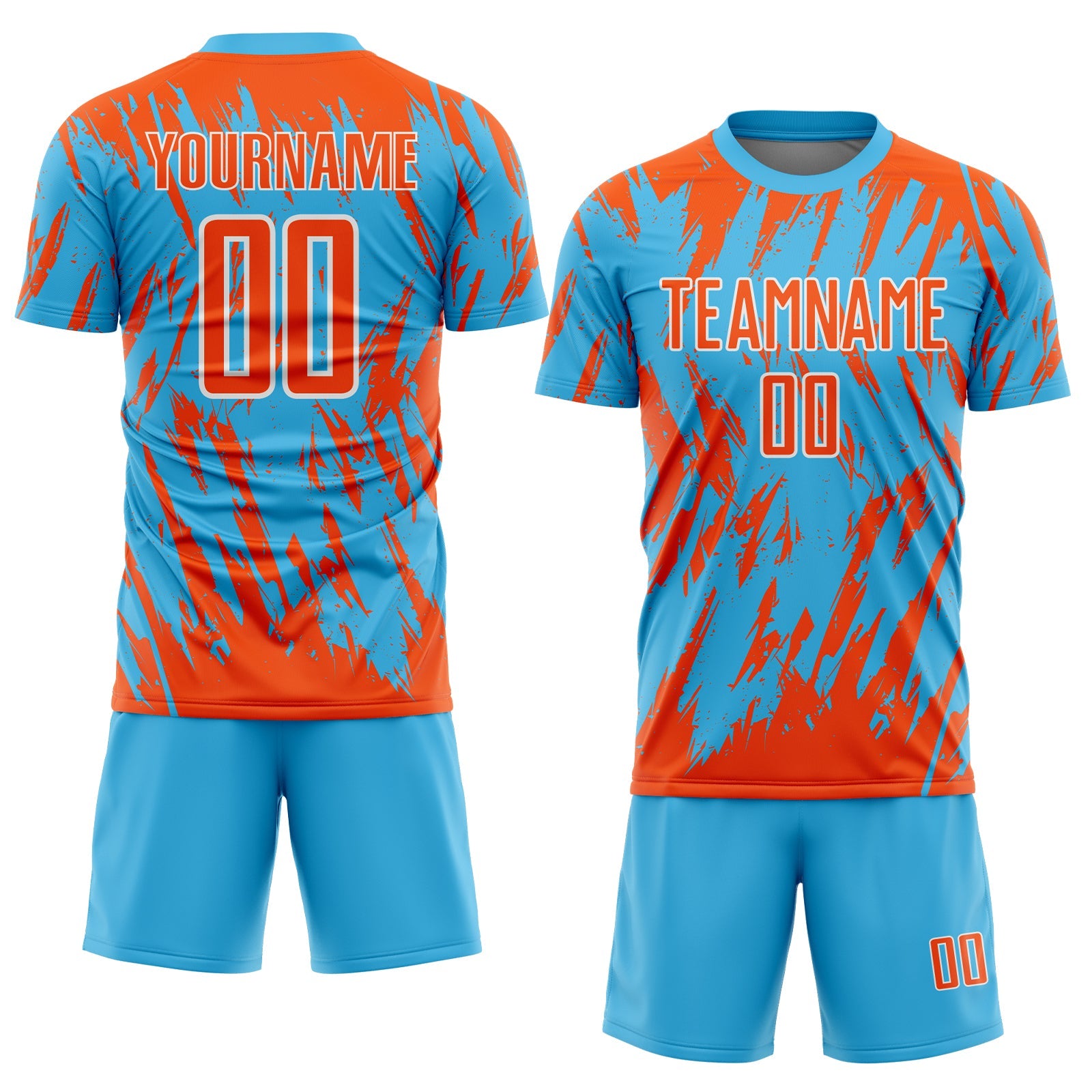 Custom Sky Blue Orange-White Splatter Torn Sharp Brush Stroke Sublimation Soccer Uniform Jersey view 2