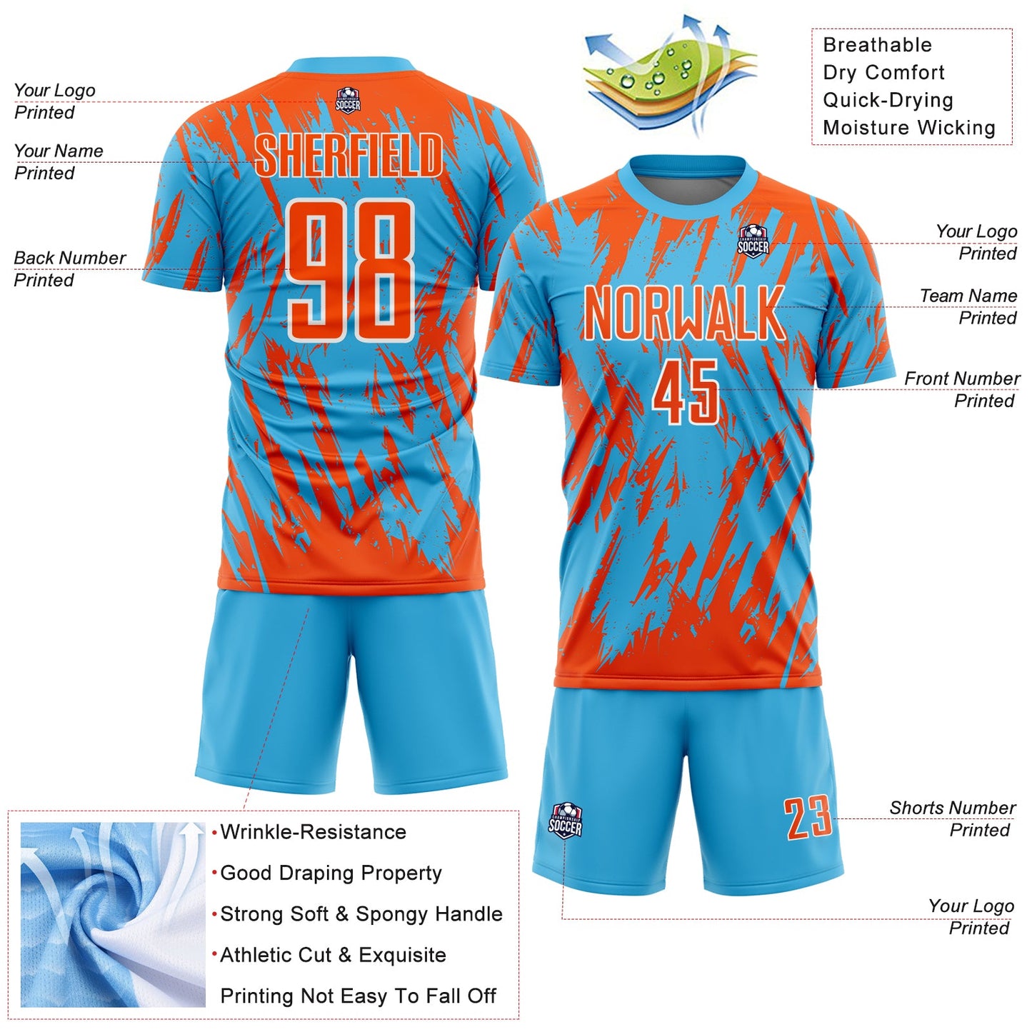 Custom Sky Blue Orange-White Splatter Torn Sharp Brush Stroke Sublimation Soccer Uniform Jersey view 4