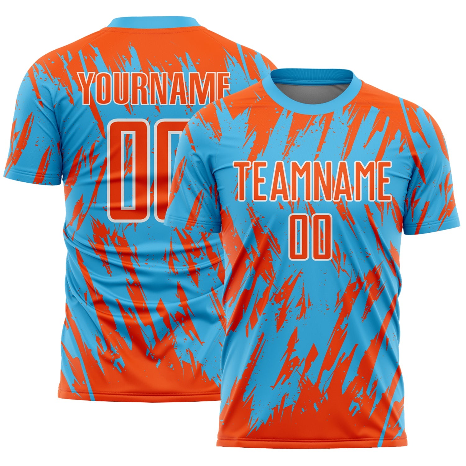 Custom Sky Blue Orange-White Splatter Torn Sharp Brush Stroke Sublimation Soccer Uniform Jersey - Main View