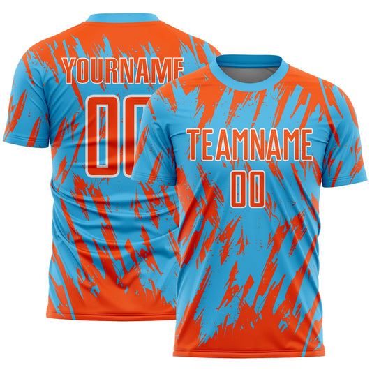 Custom Sky Blue Orange-White Splatter Torn Sharp Brush Stroke Sublimation Soccer Uniform Jersey - Main View