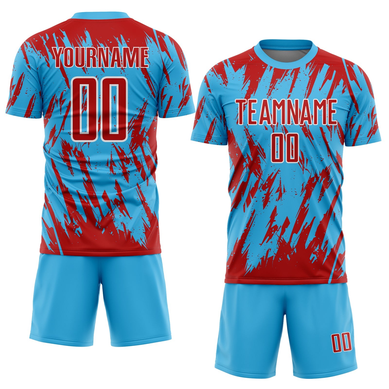Custom Sky Blue Red-White Splatter Torn Sharp Brush Stroke Sublimation Soccer Uniform Jersey view 2