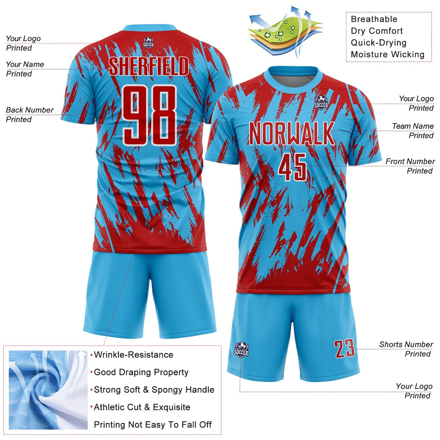 Custom Sky Blue Red-White Splatter Torn Sharp Brush Stroke Sublimation Soccer Uniform Jersey view 4