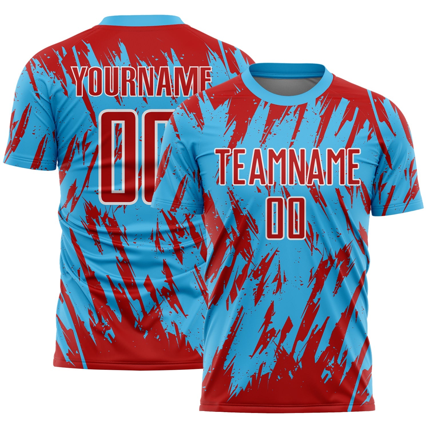 Custom Sky Blue Red-White Splatter Torn Sharp Brush Stroke Sublimation Soccer Uniform Jersey - Main View