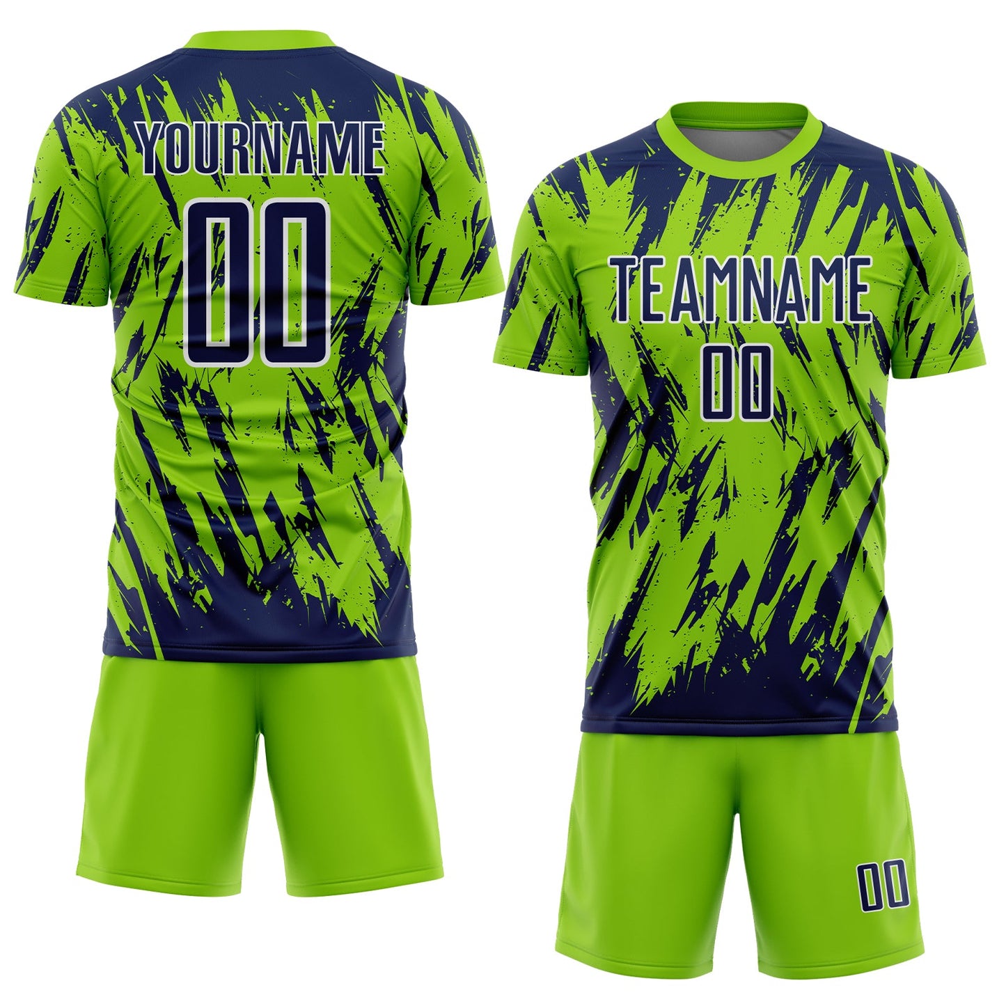 Custom Neon Green Navy-White Splatter Torn Sharp Brush Stroke Sublimation Soccer Uniform Jersey view 2