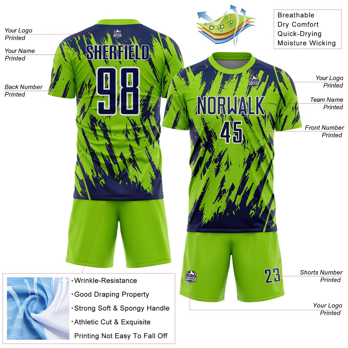 Custom Neon Green Navy-White Splatter Torn Sharp Brush Stroke Sublimation Soccer Uniform Jersey view 4