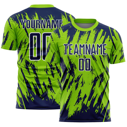 Custom Neon Green Navy-White Splatter Torn Sharp Brush Stroke Sublimation Soccer Uniform Jersey - Main View