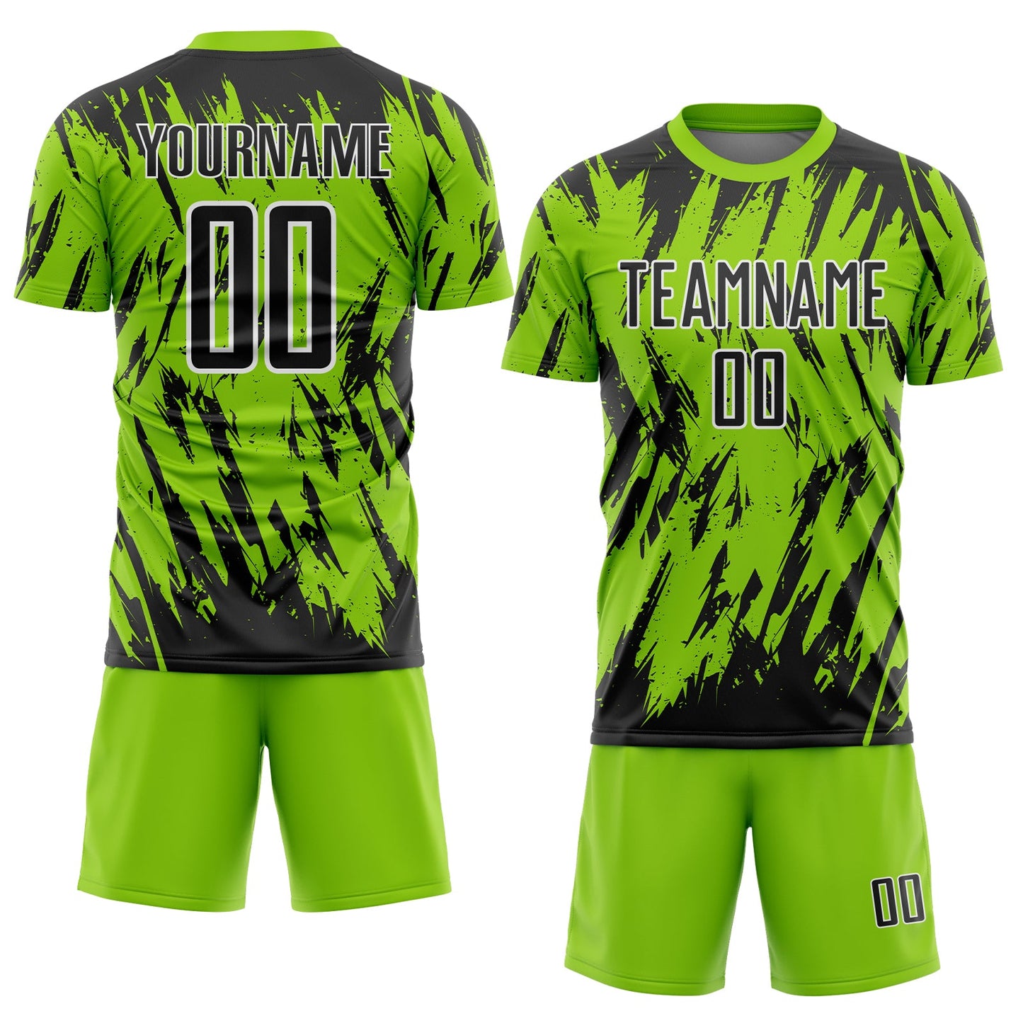 Custom Neon Green Black-White Splatter Torn Sharp Brush Stroke Sublimation Soccer Uniform Jersey view 2