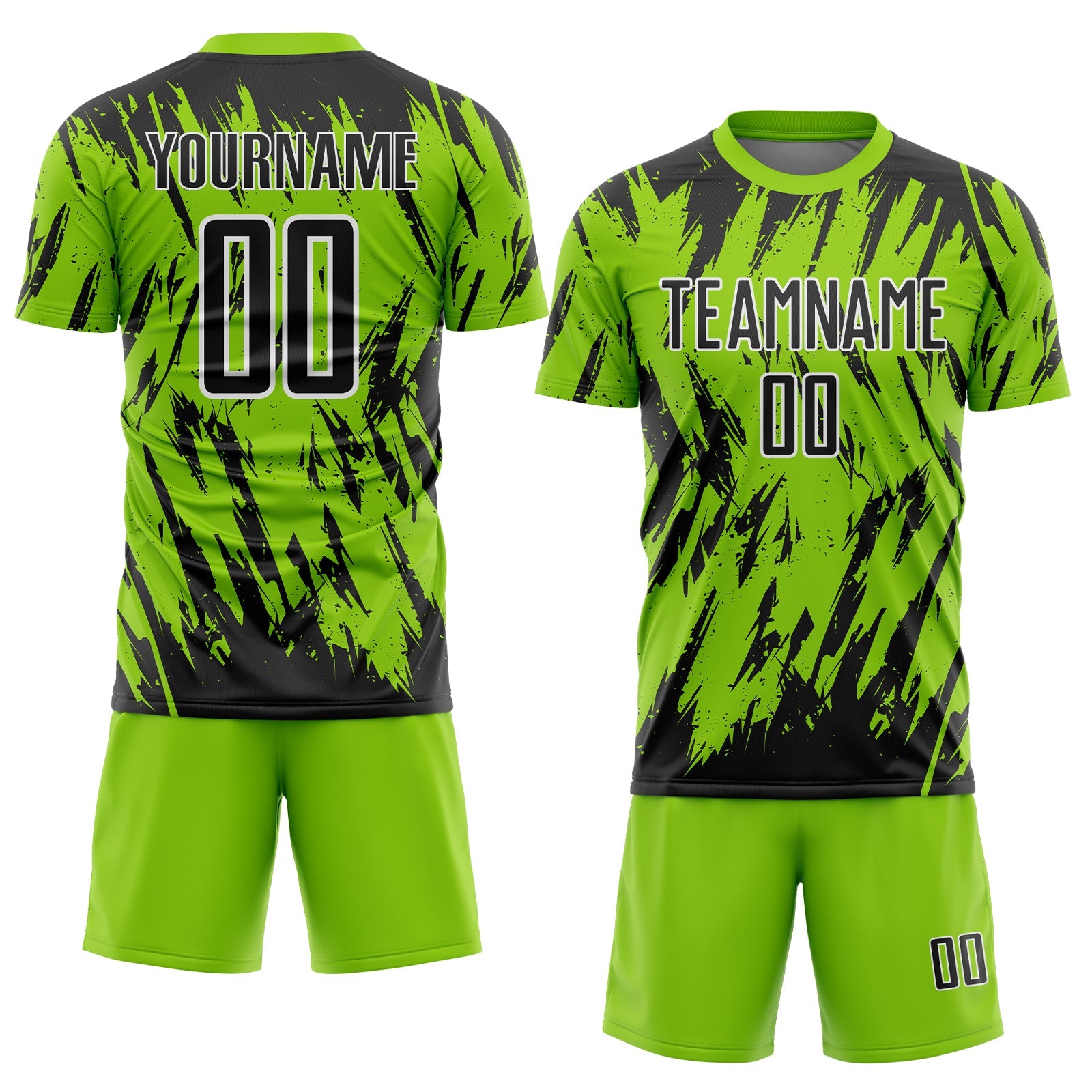 Custom Neon Green Black-White Splatter Torn Sharp Brush Stroke Sublimation Soccer Uniform Jersey view 2