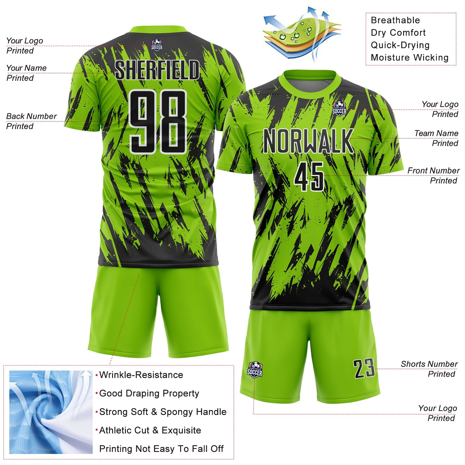 Custom Neon Green Black-White Splatter Torn Sharp Brush Stroke Sublimation Soccer Uniform Jersey view 4