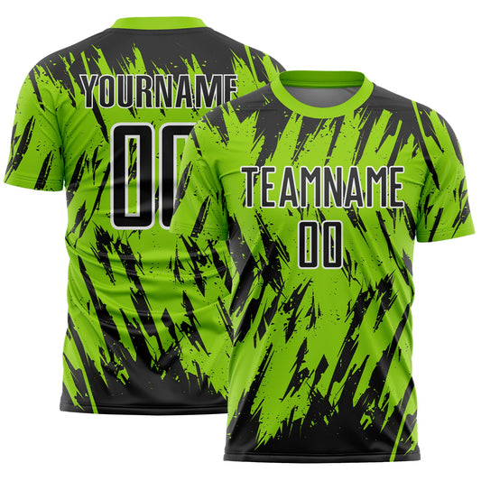 Custom Neon Green Black-White Splatter Torn Sharp Brush Stroke Sublimation Soccer Uniform Jersey - Main View
