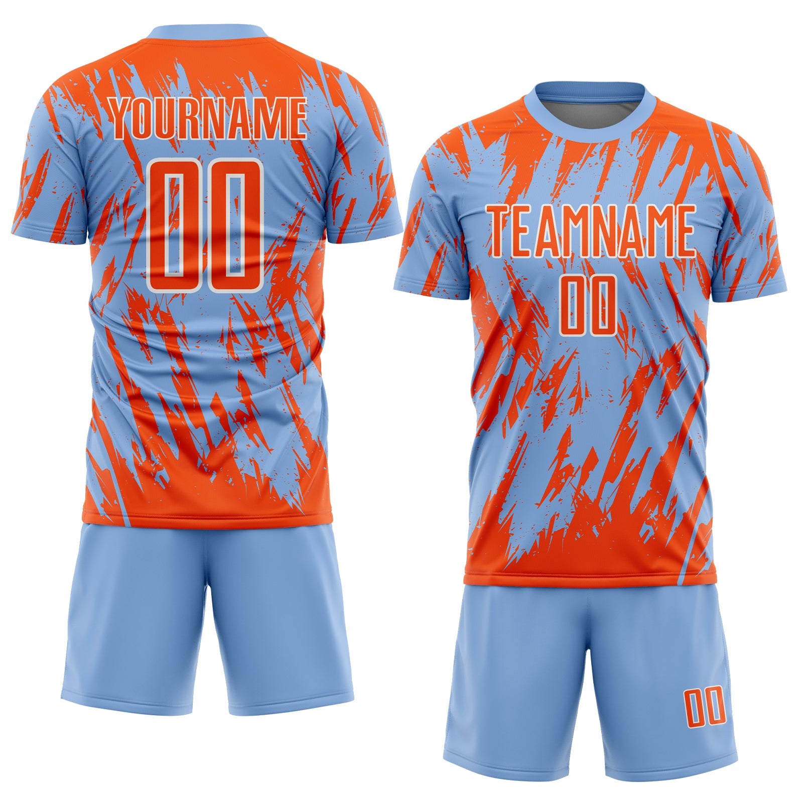 Custom Light Blue Orange-White Splatter Torn Sharp Brush Stroke Sublimation Soccer Uniform Jersey view 2