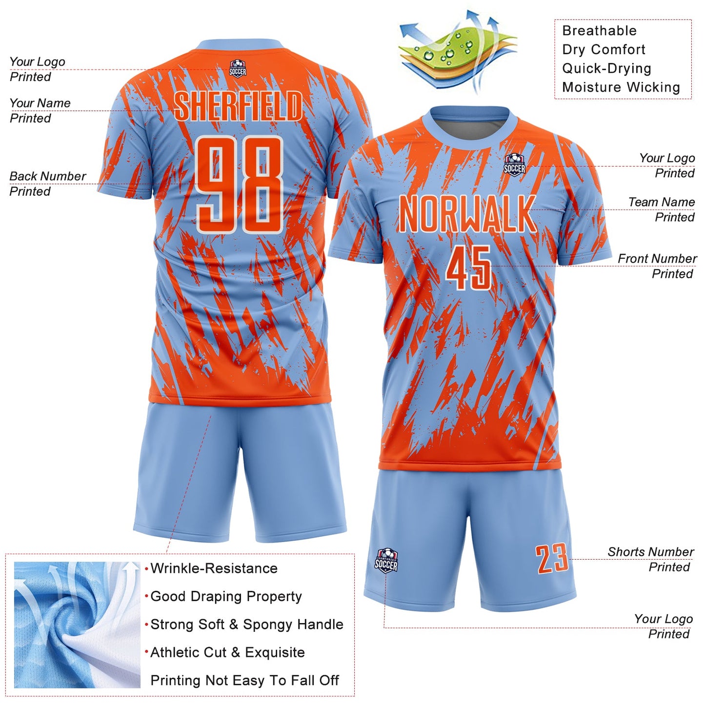 Custom Light Blue Orange-White Splatter Torn Sharp Brush Stroke Sublimation Soccer Uniform Jersey view 4