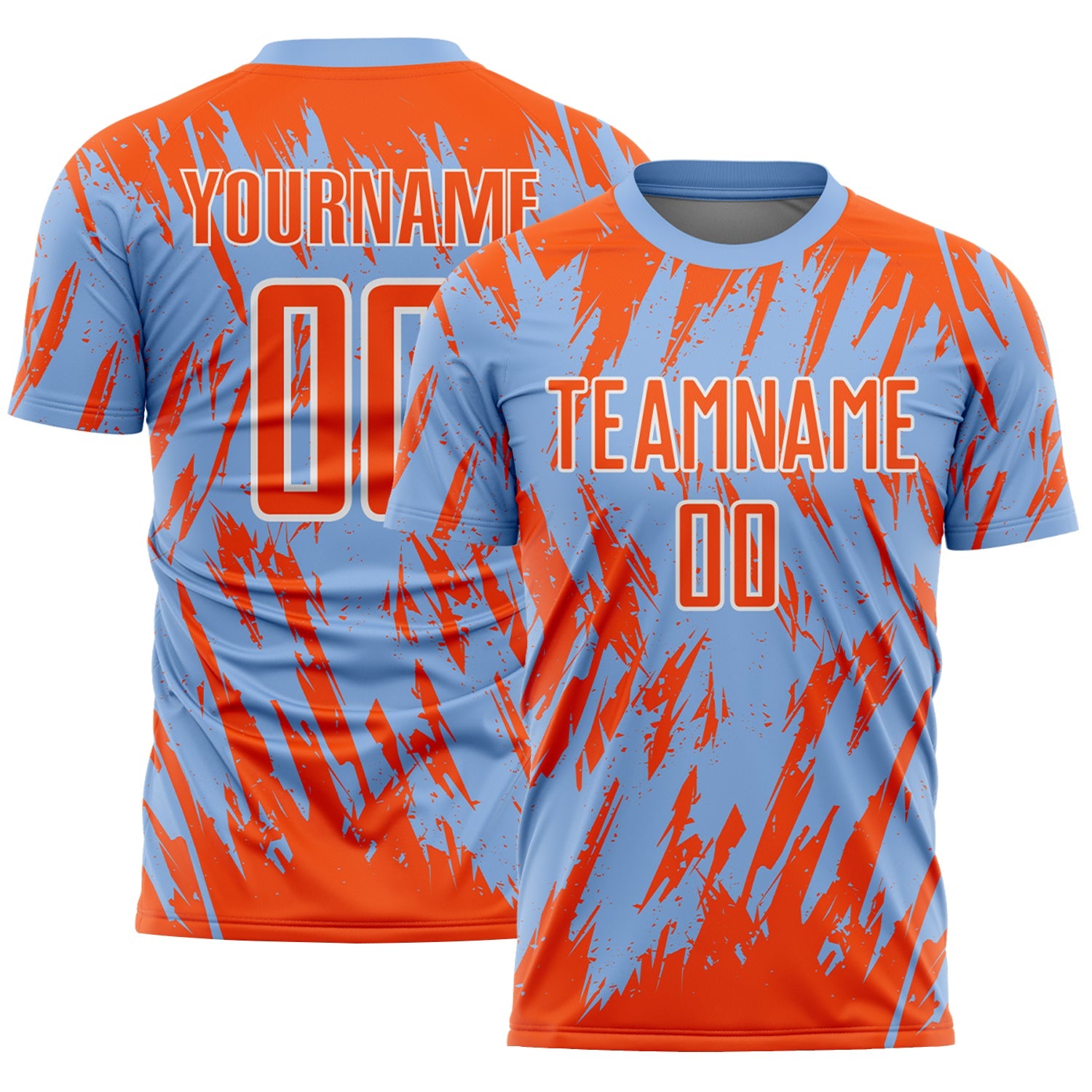Custom Light Blue Orange-White Splatter Torn Sharp Brush Stroke Sublimation Soccer Uniform Jersey - Main View