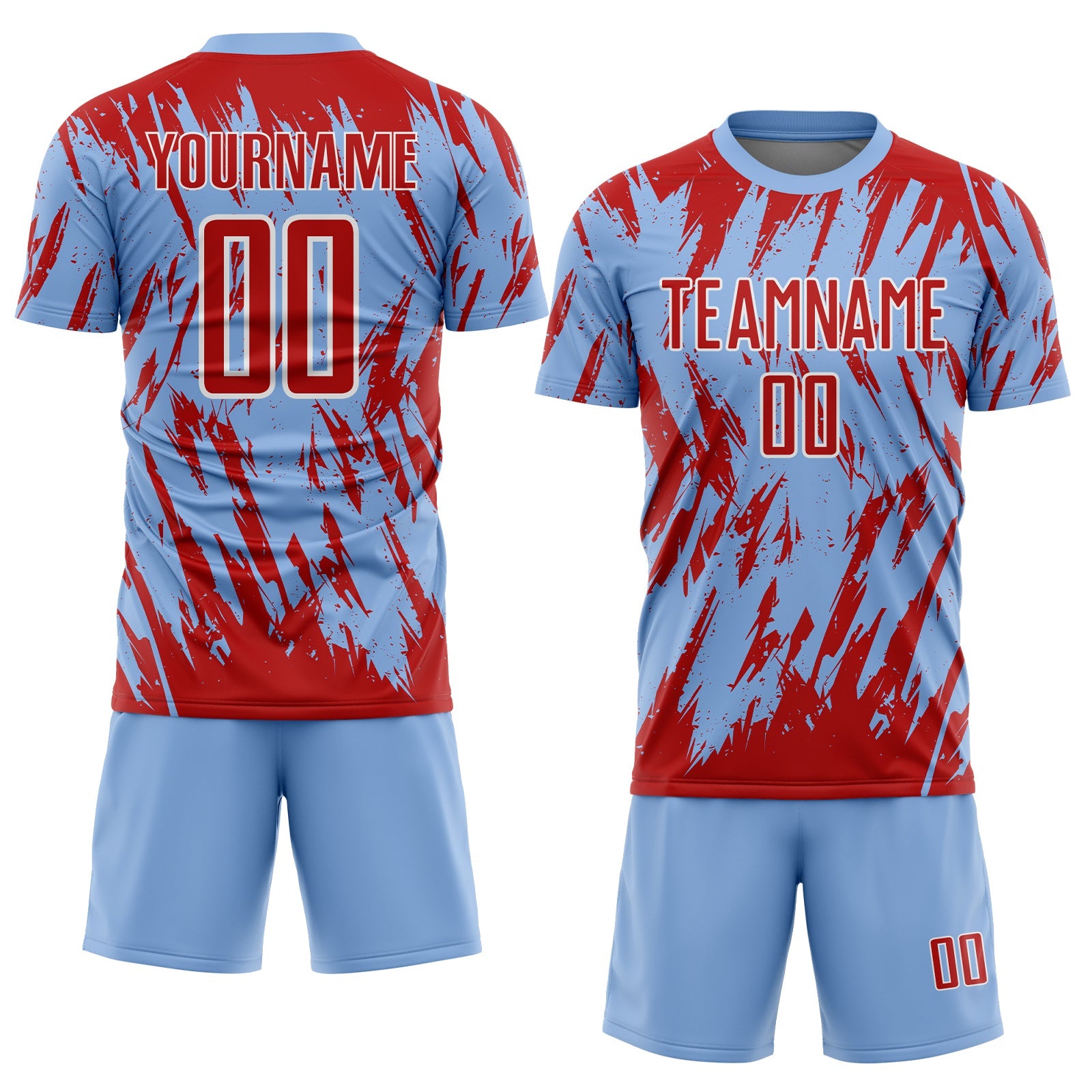 Custom Light Blue Red-White Splatter Torn Sharp Brush Stroke Sublimation Soccer Uniform Jersey view 2