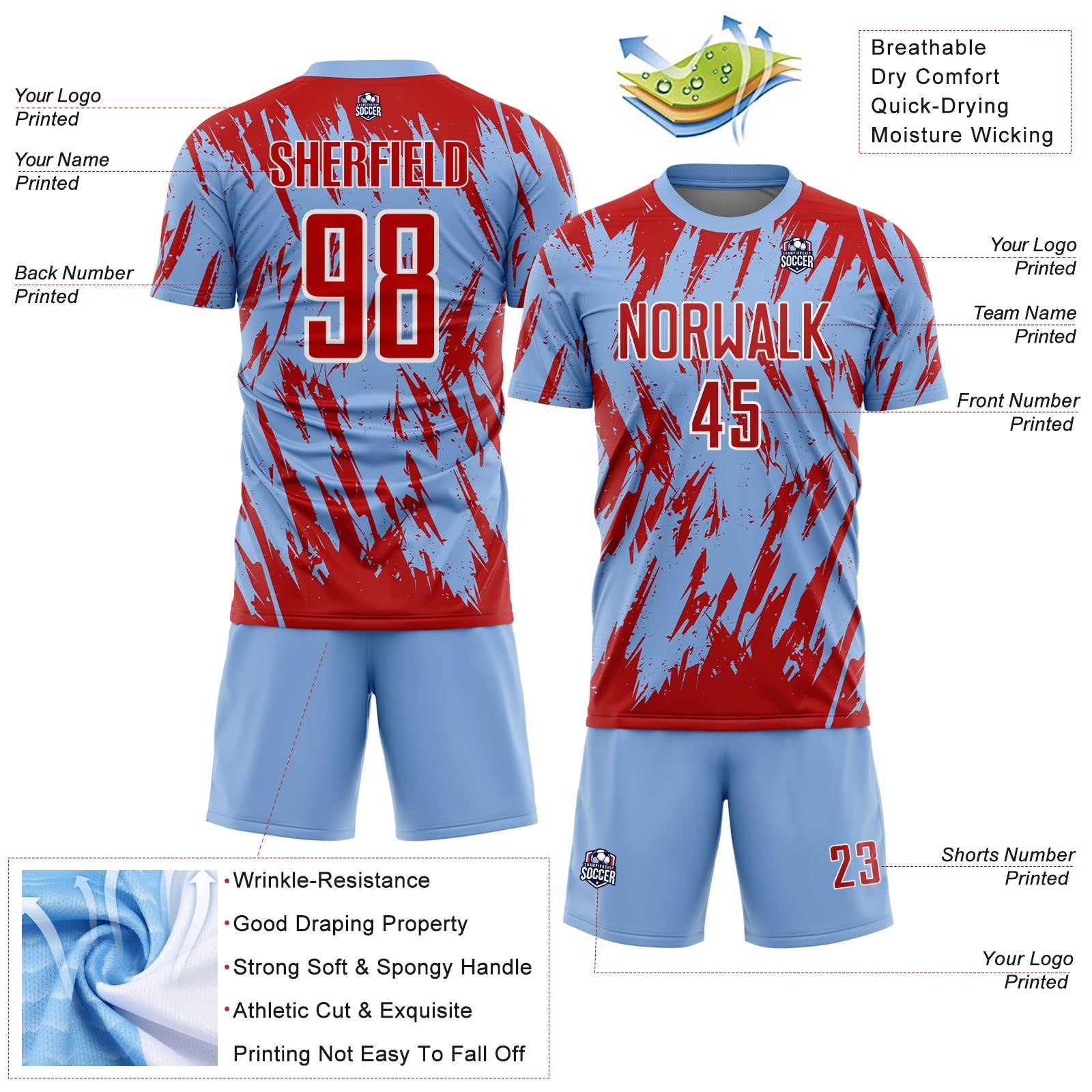 Custom Light Blue Red-White Splatter Torn Sharp Brush Stroke Sublimation Soccer Uniform Jersey view 4