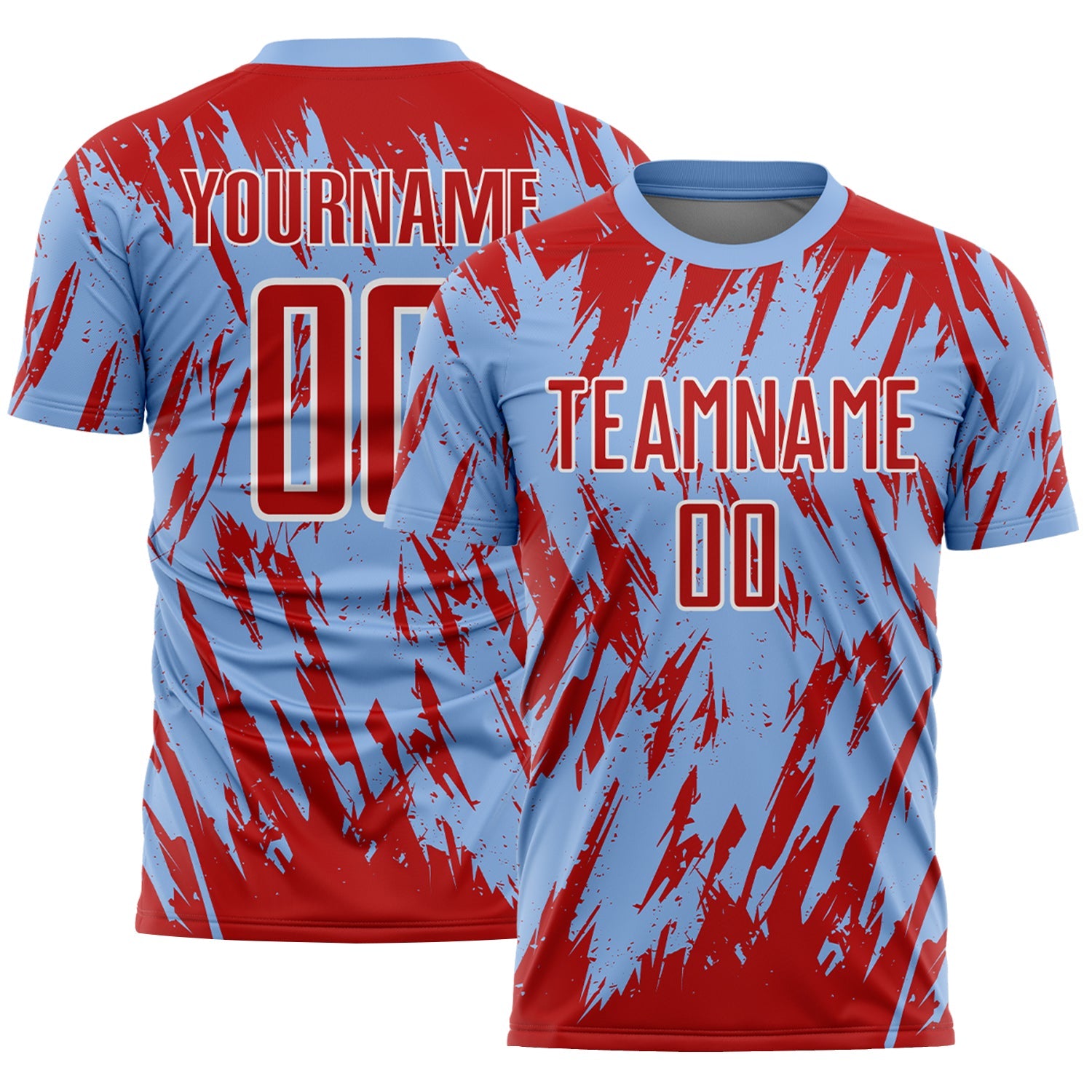 Custom Light Blue Red-White Splatter Torn Sharp Brush Stroke Sublimation Soccer Uniform Jersey - Main View