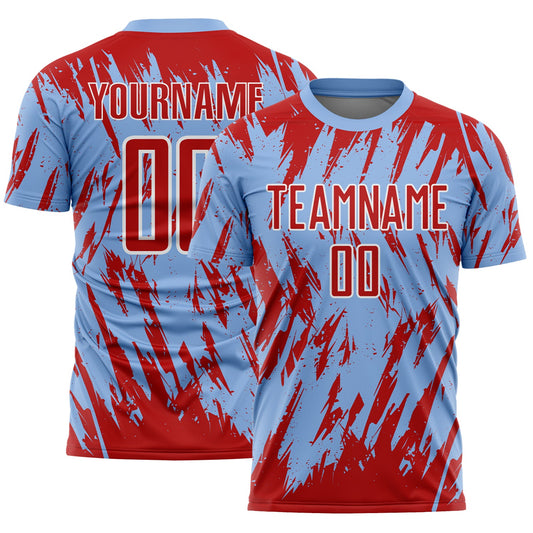 Custom Light Blue Red-White Splatter Torn Sharp Brush Stroke Sublimation Soccer Uniform Jersey - Main View