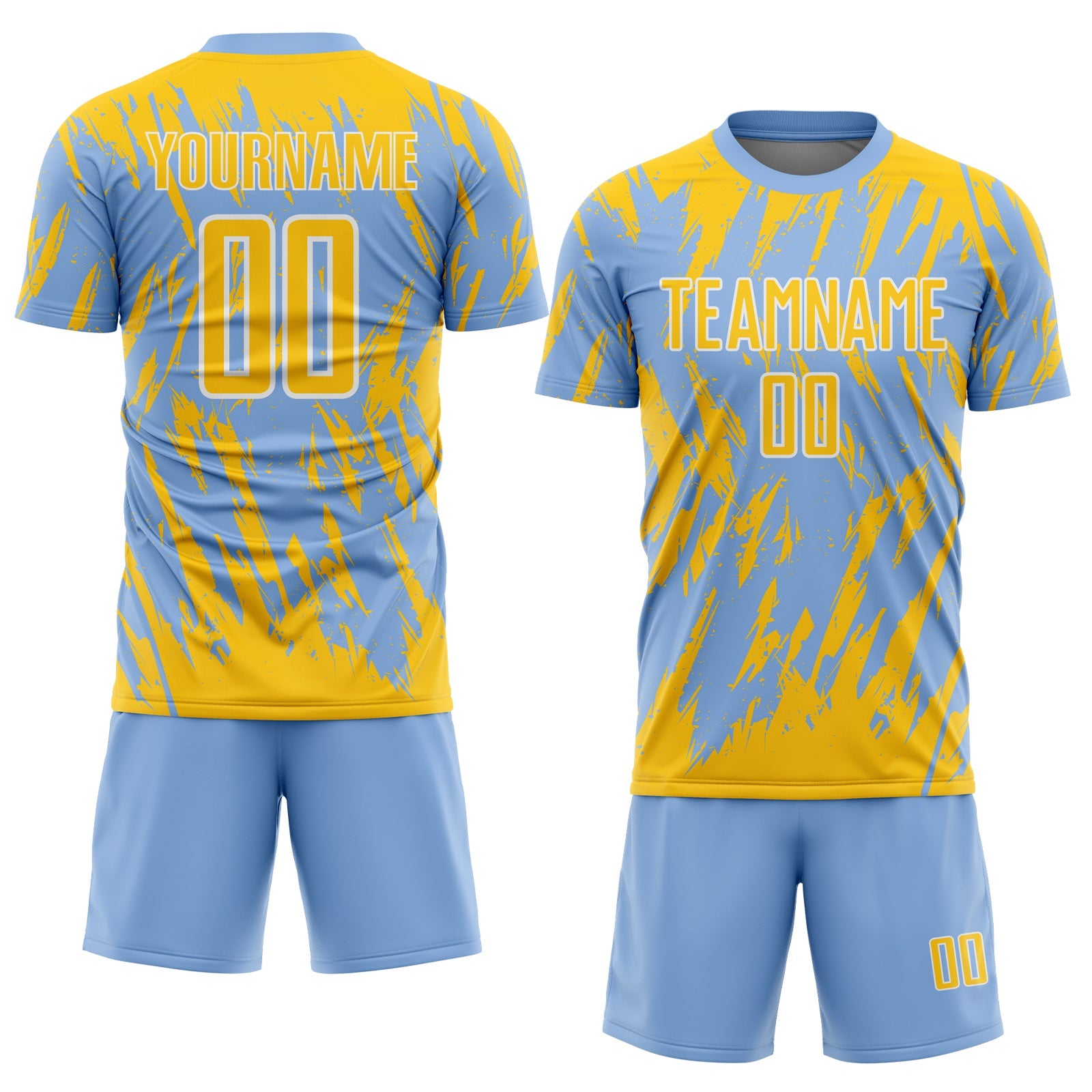 Custom Light Blue Yellow-White Splatter Torn Sharp Brush Stroke Sublimation Soccer Uniform Jersey view 2