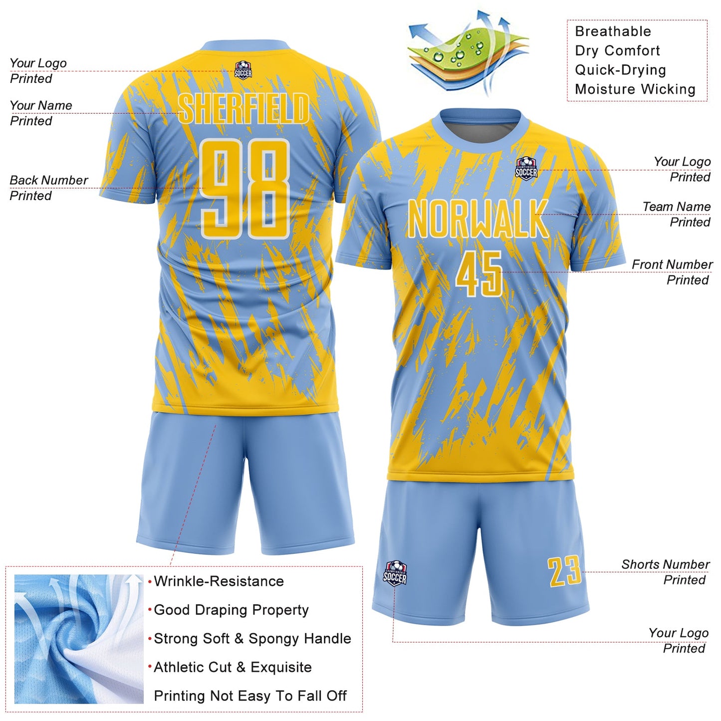Custom Light Blue Yellow-White Splatter Torn Sharp Brush Stroke Sublimation Soccer Uniform Jersey view 4