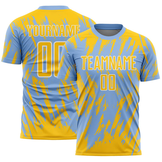 Custom Light Blue Yellow-White Splatter Torn Sharp Brush Stroke Sublimation Soccer Uniform Jersey - Main View