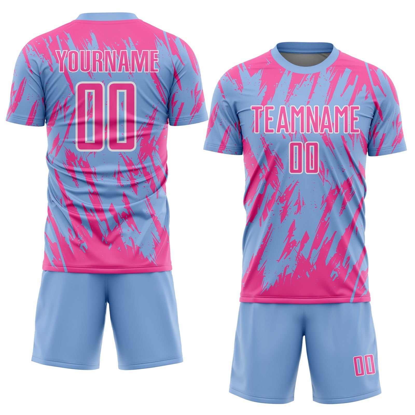 Custom Light Blue Pink-White Splatter Torn Sharp Brush Stroke Sublimation Soccer Uniform Jersey view 2