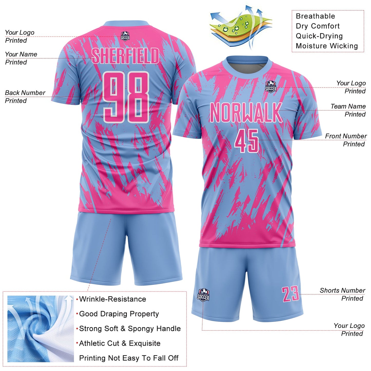 Custom Light Blue Pink-White Splatter Torn Sharp Brush Stroke Sublimation Soccer Uniform Jersey view 4