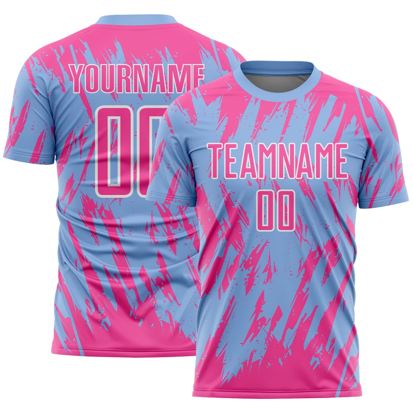 Custom Light Blue Pink-White Splatter Torn Sharp Brush Stroke Sublimation Soccer Uniform Jersey - Main View