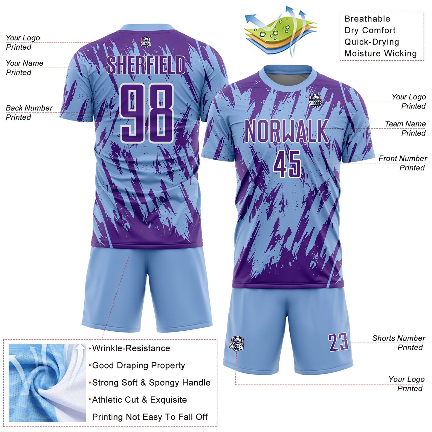 Custom Light Blue Purple-White Splatter Torn Sharp Brush Stroke Sublimation Soccer Uniform Jersey view 4