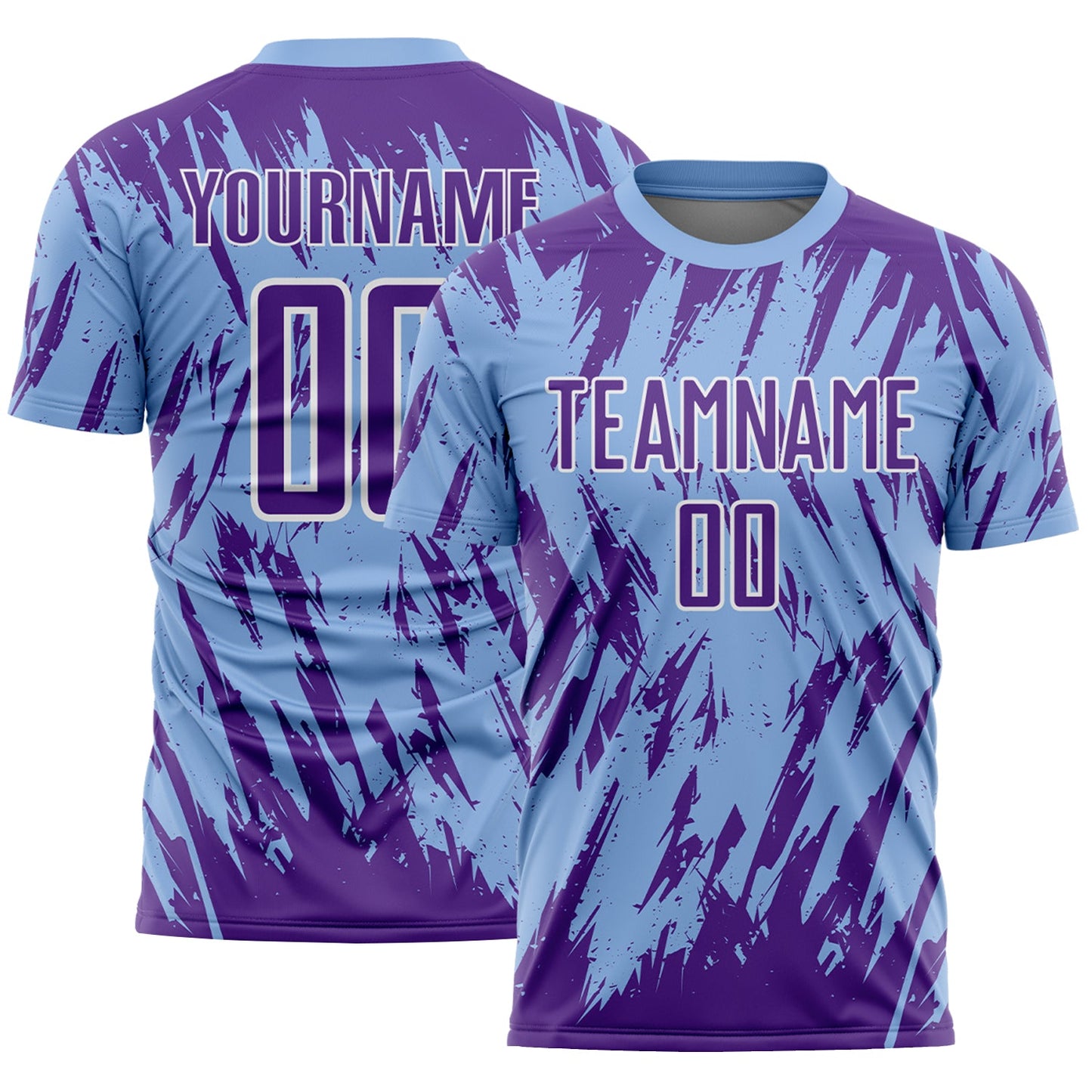 Custom Light Blue Purple-White Splatter Torn Sharp Brush Stroke Sublimation Soccer Uniform Jersey - Main View