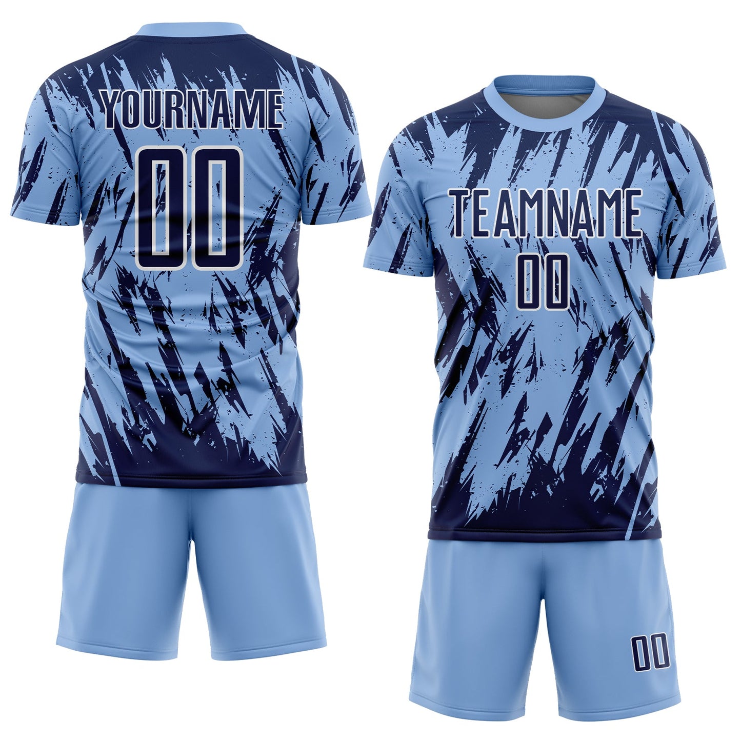 Custom Light Blue Navy-White Splatter Torn Sharp Brush Stroke Sublimation Soccer Uniform Jersey view 2