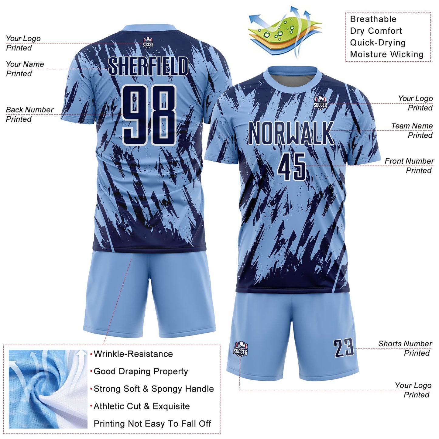 Custom Light Blue Navy-White Splatter Torn Sharp Brush Stroke Sublimation Soccer Uniform Jersey view 4