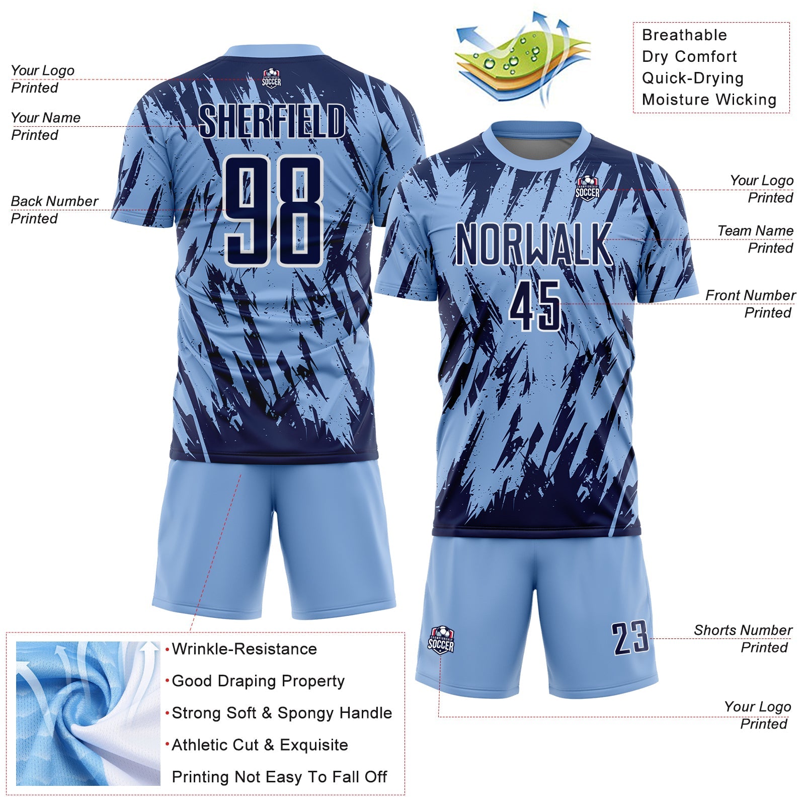Custom Light Blue Navy-White Splatter Torn Sharp Brush Stroke Sublimation Soccer Uniform Jersey view 4