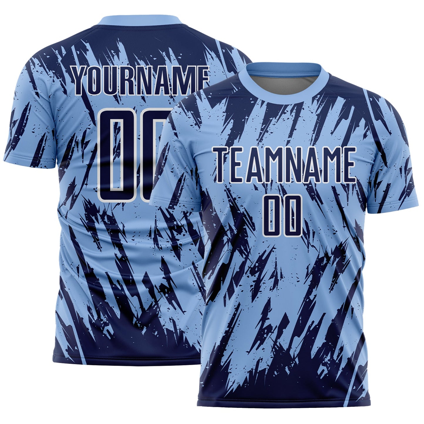 Custom Light Blue Navy-White Splatter Torn Sharp Brush Stroke Sublimation Soccer Uniform Jersey - Main View