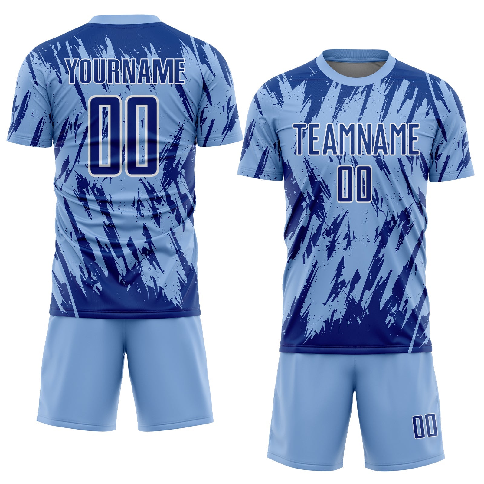 Custom Light Blue Royal-White Splatter Torn Sharp Brush Stroke Sublimation Soccer Uniform Jersey view 2