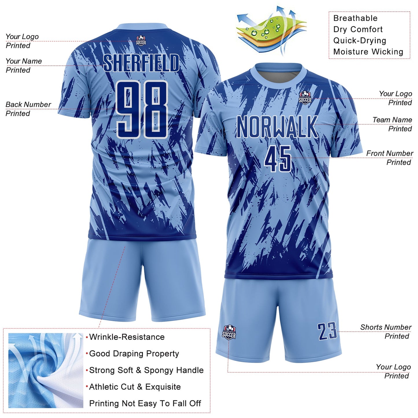 Custom Light Blue Royal-White Splatter Torn Sharp Brush Stroke Sublimation Soccer Uniform Jersey view 4