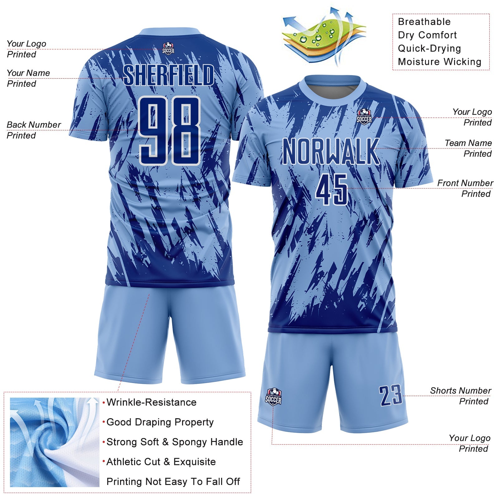 Custom Light Blue Royal-White Splatter Torn Sharp Brush Stroke Sublimation Soccer Uniform Jersey view 4