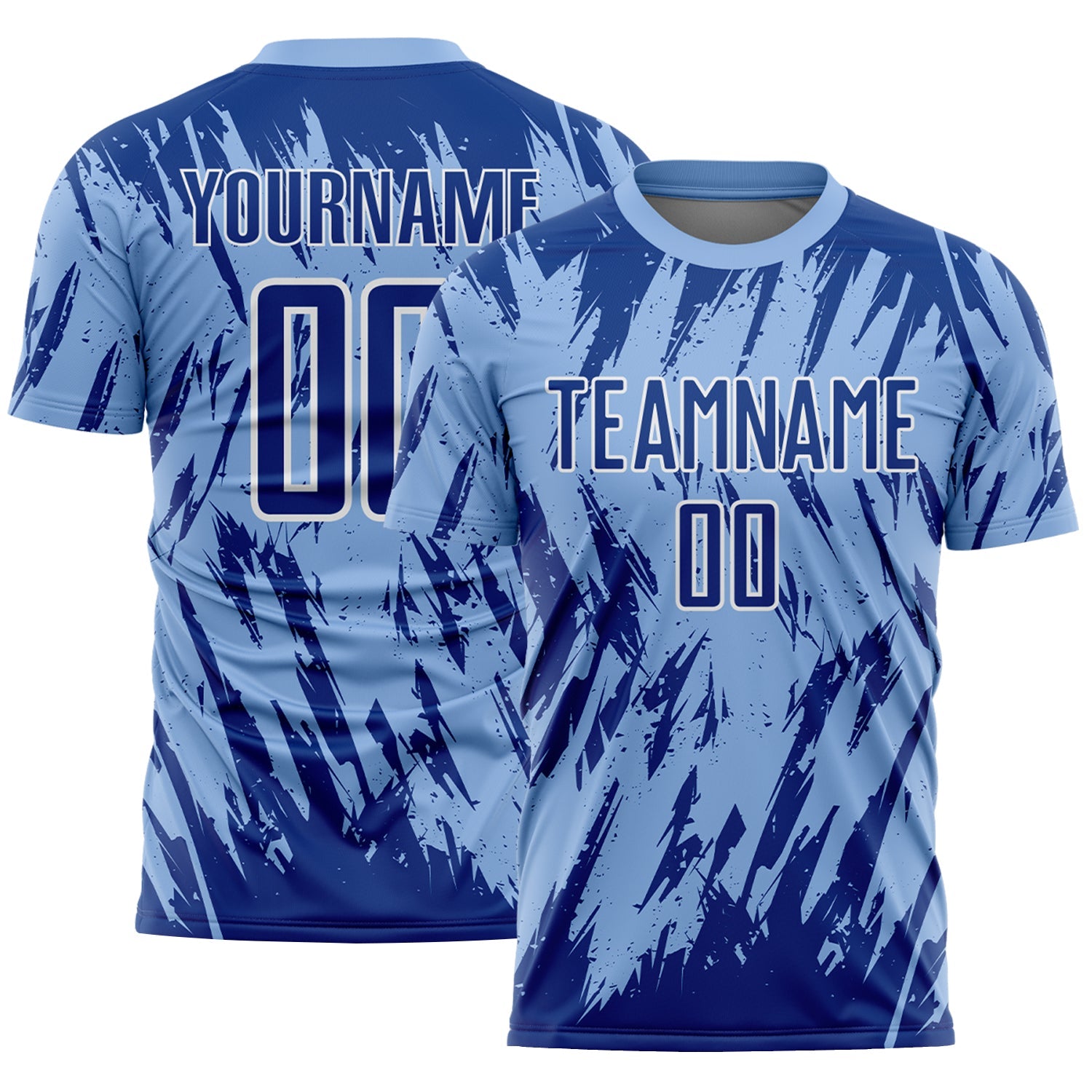 Custom Light Blue Royal-White Splatter Torn Sharp Brush Stroke Sublimation Soccer Uniform Jersey - Main View
