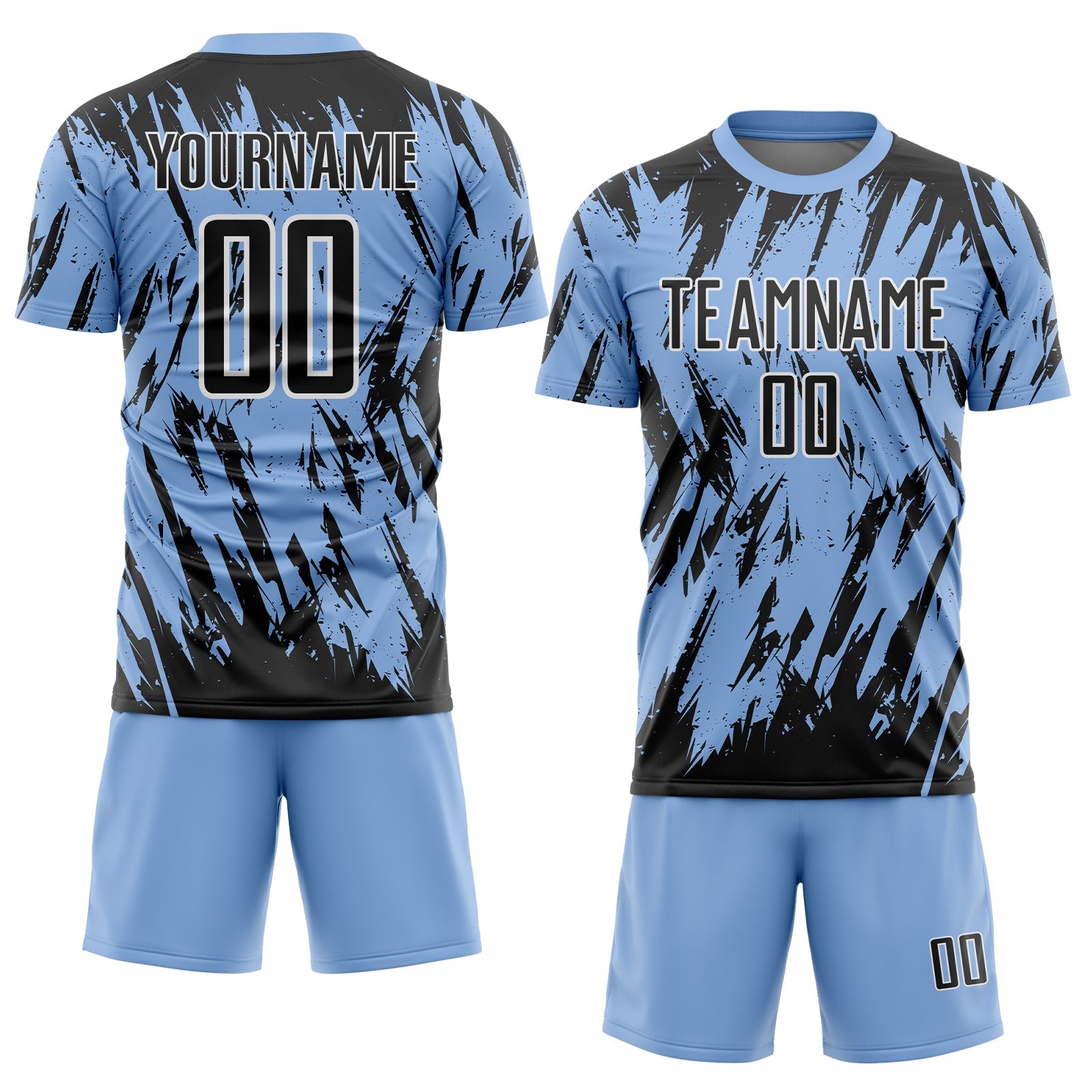 Custom Light Blue Black-White Splatter Torn Sharp Brush Stroke Sublimation Soccer Uniform Jersey view 2