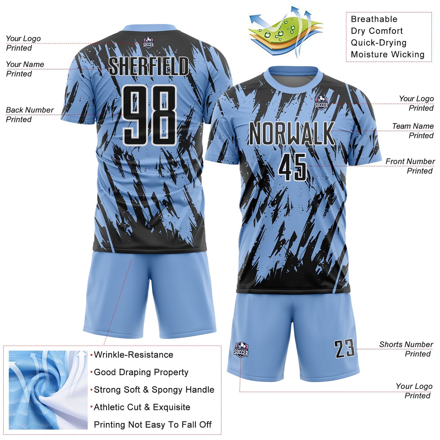 Custom Light Blue Black-White Splatter Torn Sharp Brush Stroke Sublimation Soccer Uniform Jersey view 4