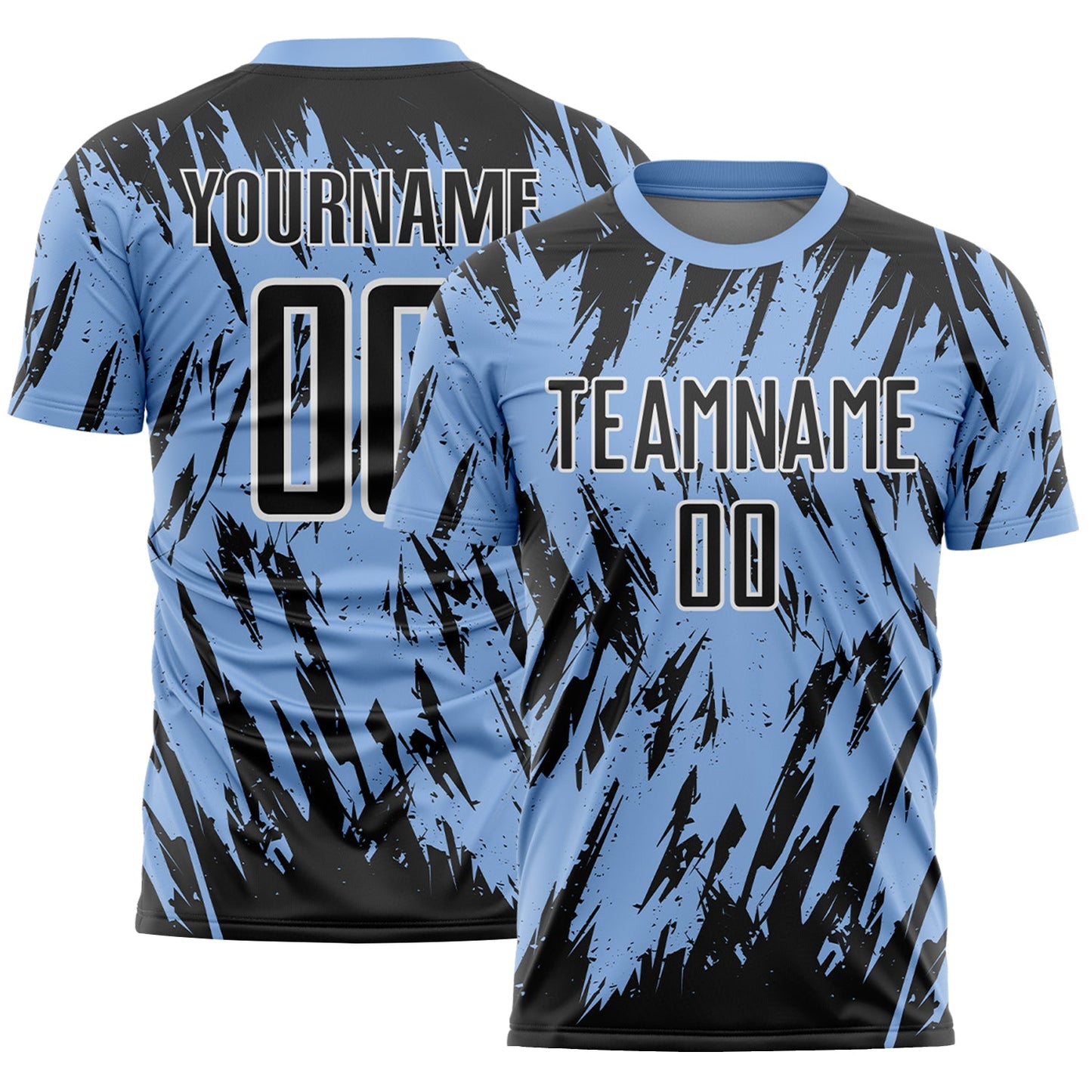 Custom Light Blue Black-White Splatter Torn Sharp Brush Stroke Sublimation Soccer Uniform Jersey - Main View