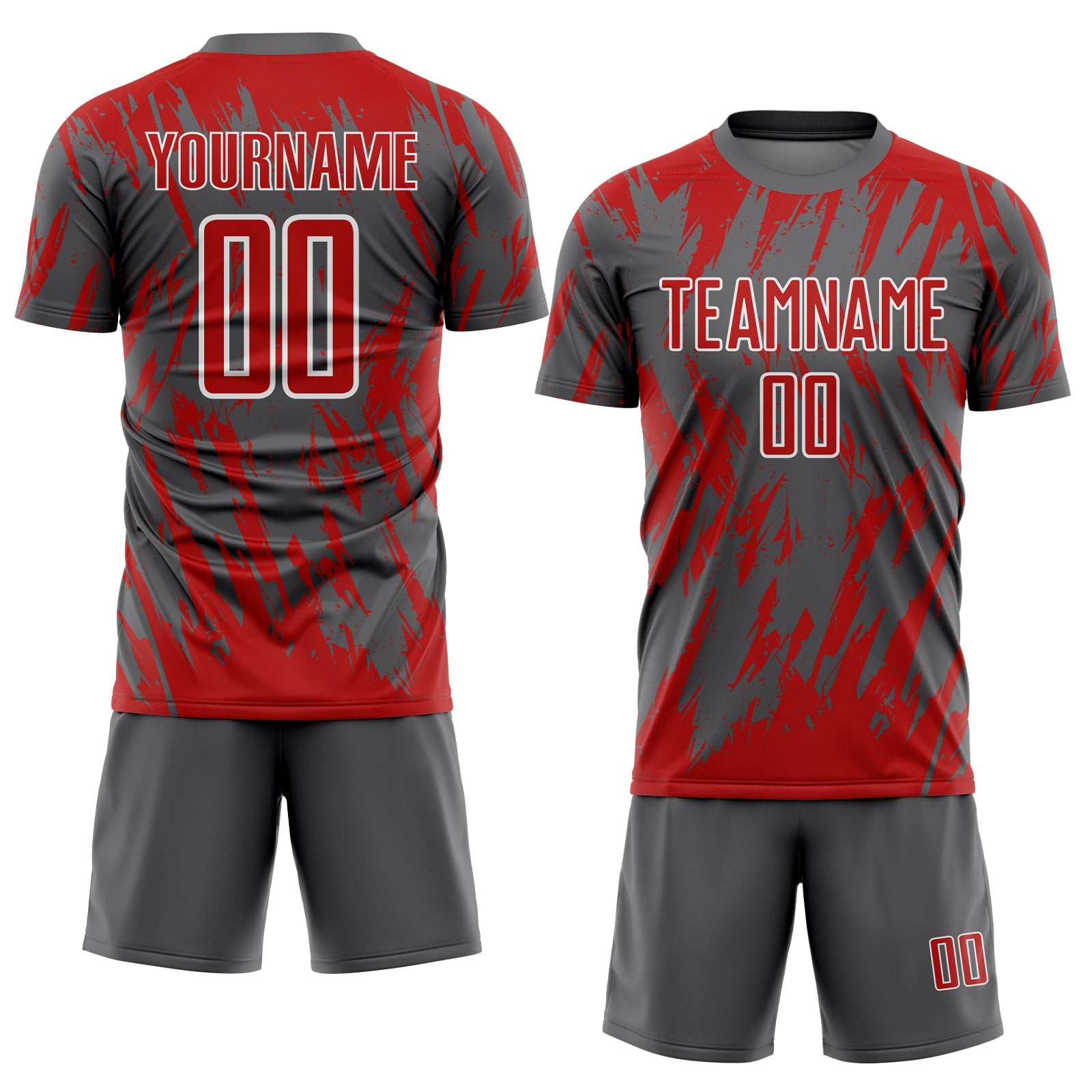 Custom Steel Gray Red-White Splatter Torn Sharp Brush Stroke Sublimation Soccer Uniform Jersey view 2