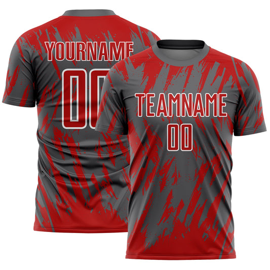 Custom Steel Gray Red-White Splatter Torn Sharp Brush Stroke Sublimation Soccer Uniform Jersey - Main View