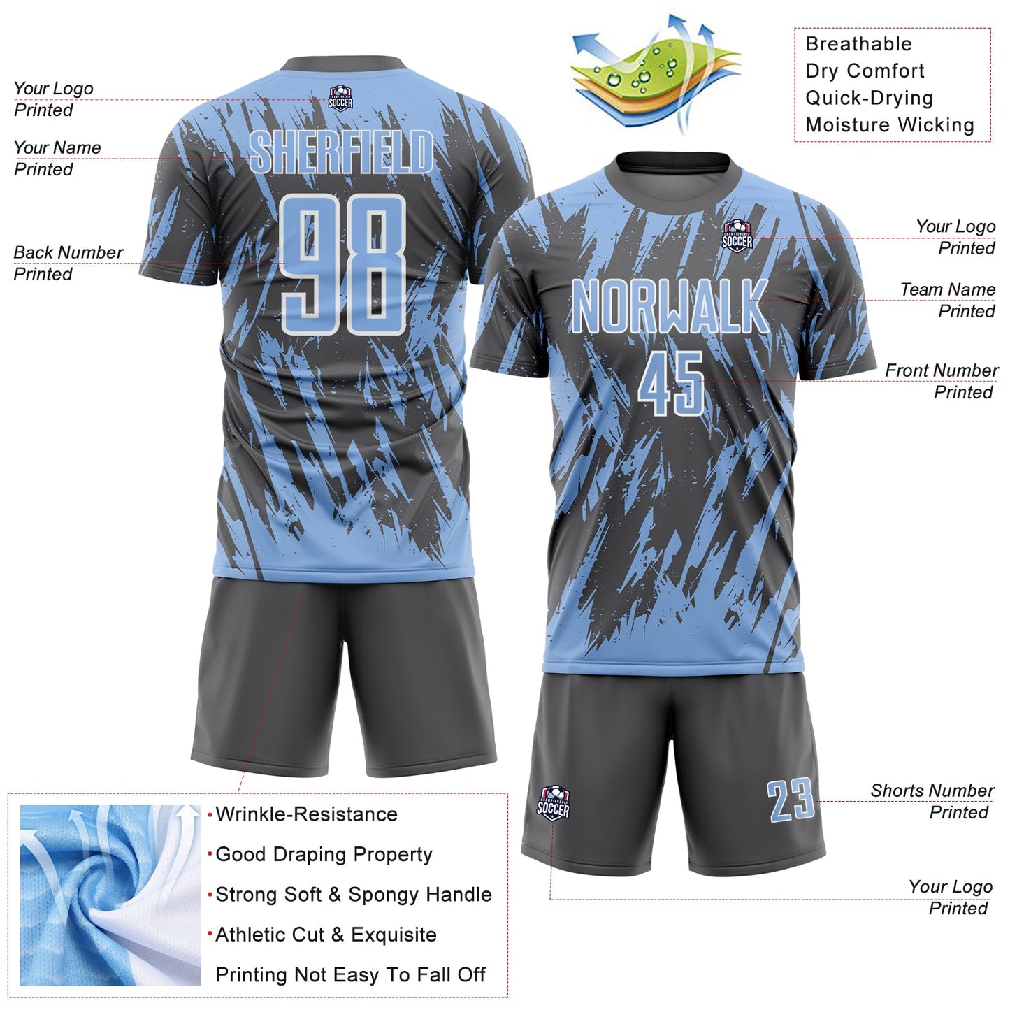 Custom Steel Gray Light Blue-White Splatter Torn Sharp Brush Stroke Sublimation Soccer Uniform Jersey view 4