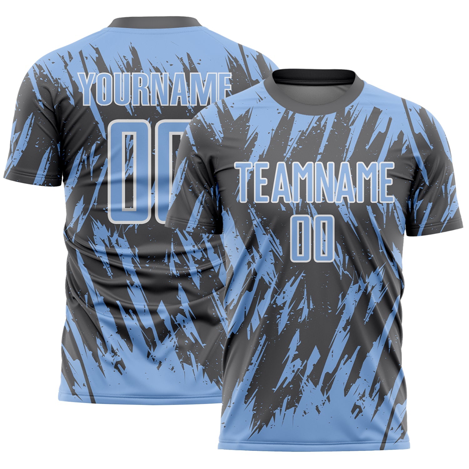 Custom Steel Gray Light Blue-White Splatter Torn Sharp Brush Stroke Sublimation Soccer Uniform Jersey - Main View