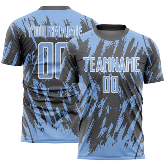 Custom Steel Gray Light Blue-White Splatter Torn Sharp Brush Stroke Sublimation Soccer Uniform Jersey - Main View