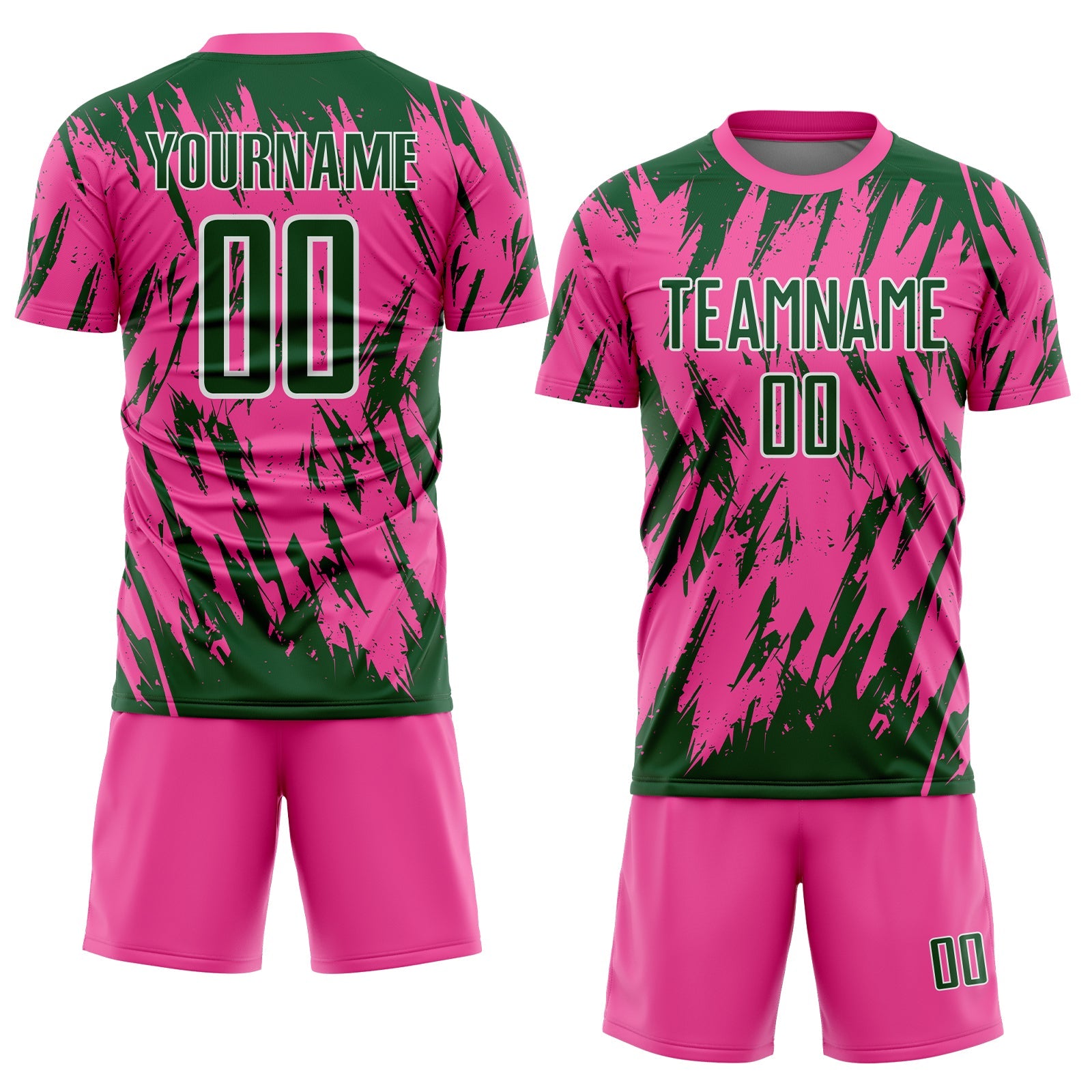 Custom Pink Green-White Splatter Torn Sharp Brush Stroke Sublimation Soccer Uniform Jersey view 2