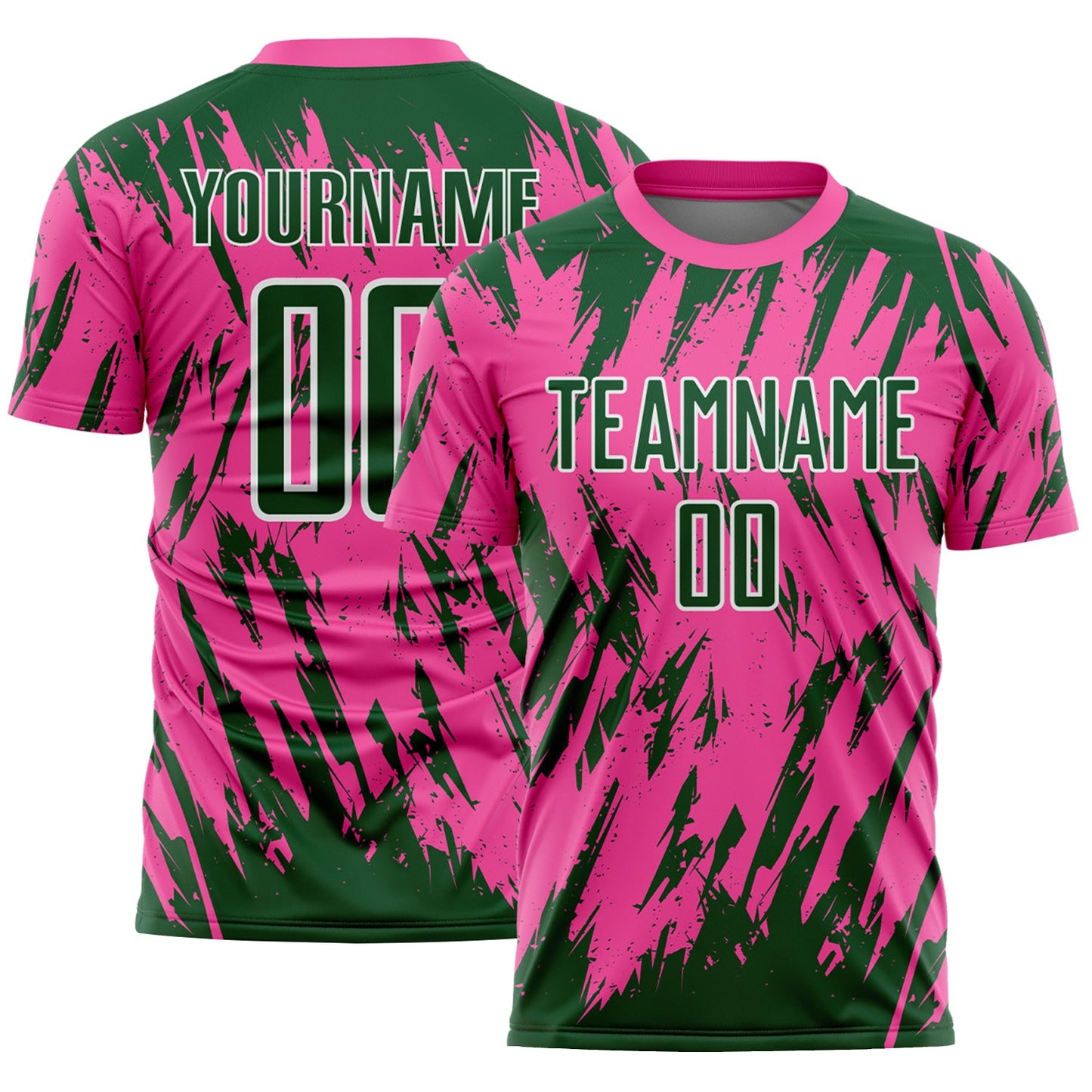 Custom Pink Green-White Splatter Torn Sharp Brush Stroke Sublimation Soccer Uniform Jersey - Main View