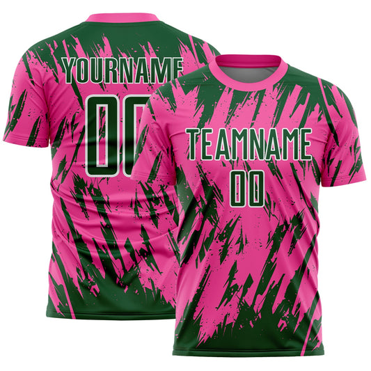 Custom Pink Green-White Splatter Torn Sharp Brush Stroke Sublimation Soccer Uniform Jersey - Main View