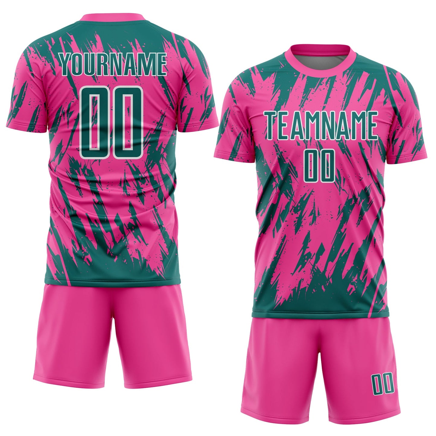 Custom Pink Teal-White Splatter Torn Sharp Brush Stroke Sublimation Soccer Uniform Jersey view 2