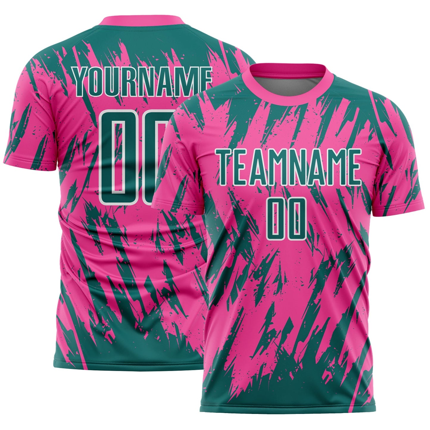 Custom Pink Teal-White Splatter Torn Sharp Brush Stroke Sublimation Soccer Uniform Jersey - Main View